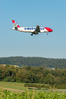 Zürih, İsviçre, 6 Eylül 2023 HB-IJU Edelweiss Air Airbus A320-214 numaralı uçak 14 nolu piste iniyor.