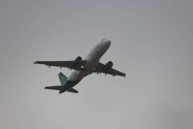 Zürih, İsviçre, 4 Ocak 2024 EI-GAM Aer Lingus Airbus A320-214 uçağı yağmurlu bir günde 32 numaralı pistten kalkıyor.