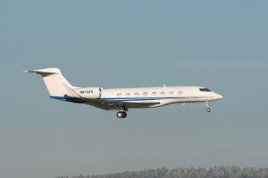 Zürih, İsviçre, 14 Ocak 2024 N-870PS Gulfstream G650ER uçağı Davos 'taki dünya ekonomik forumu sırasında 14. piste iniyor.