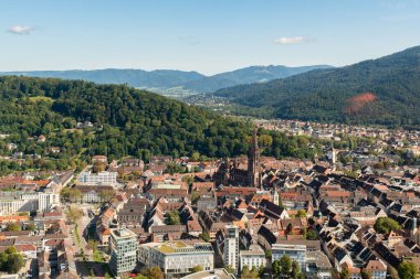Freiburg, Almanya, 15 Eylül 2024 Küçük bir uçakla uçarken şehir merkezine bakın
