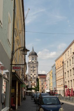 Vilshofen, Bavaria, Germany, August 4, 2024 Historic old church and tower in the city center on a sunny day clipart