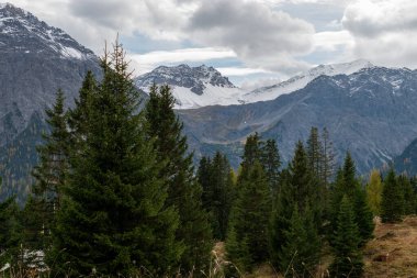Arosa, İsviçre, 12 Ekim 2024 Güneşli bir sonbahar gününde muhteşem kar tepeleri kapladı