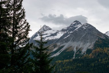 Arosa, İsviçre, 12 Ekim 2024 Alp manzaralı Sonbaharda karla kaplı dağlar