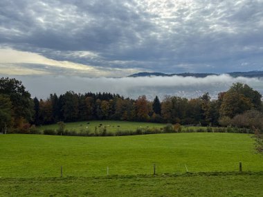Saint Gallen, İsviçre, 19 Ekim 2024 Sonbaharda yeşil bir tepeden görülen bir vadi üzerindeki toz.