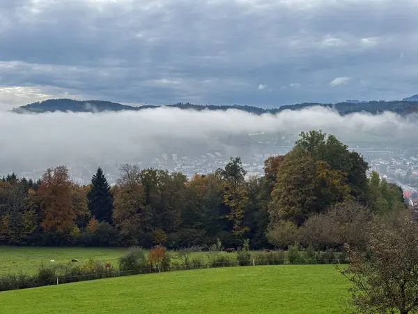 Saint Gallen, İsviçre, 19 Ekim 2024 Sonbaharda yeşil bir tepeden görülen bir vadi üzerindeki toz.