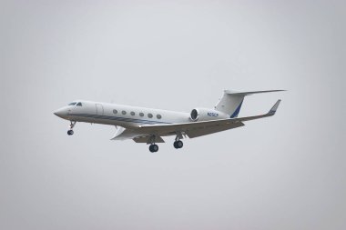 Zürih, İsviçre, 19 Ocak 2025 N-25CP Gulfstream V uçağı, Davos 'taki dünya ekonomik forumu sırasında sisli bir günde 14. piste iniyor.