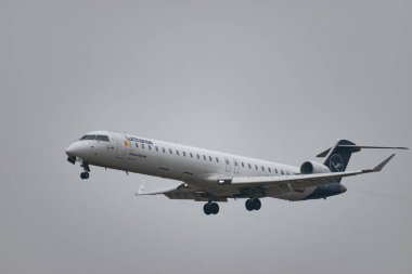 Zürih, İsviçre, 19 Ocak 2025 D-ACNW Lufthansa bombardıman uçağı CRJ-900LR çok sisli bir günde 14. piste iniyor.