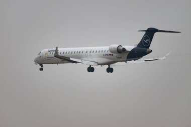 Zürih, İsviçre, 19 Ocak 2025 D-ACNW Lufthansa bombardıman uçağı CRJ-900LR çok sisli bir günde 14. piste iniyor.