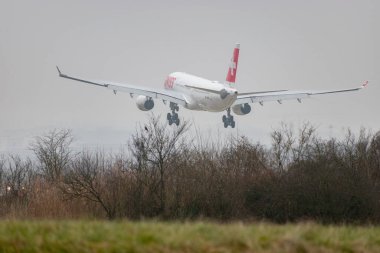 Zürih, İsviçre, 19 Ocak 2025 HB-JHG İsviçre Airbus A330-343 uçağı çok sisli bir günde 14. piste iniyor.