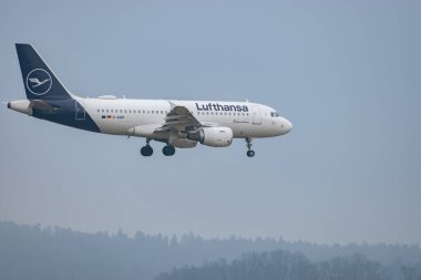 Zürih, İsviçre, 19 Ocak 2025 D-AIBM Lufthansa Airbus A319-112 çok sisli bir günde 14. piste iniyor.