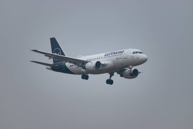 Zürih, İsviçre, 19 Ocak 2025 D-AIBM Lufthansa Airbus A319-112 çok sisli bir günde 14. piste iniyor.