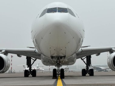 Zürih, İsviçre, 21 Ocak 2025 HB-JHM İsviçre Airbus A330-343 çok sisli bir günde park ediyor.