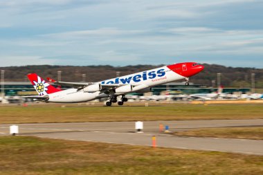 Zurich, Switzerland, January 24, 2025 HB-JME Edelweiss Airbus A340-313 aircraft is taking off from runway 16 clipart