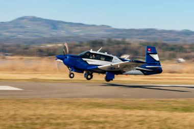 Wangen-Lachen, İsviçre, 8 Mart 2025 HB-DIH Mooney M20J pervane uçağı 26 numaralı piste iniyor.