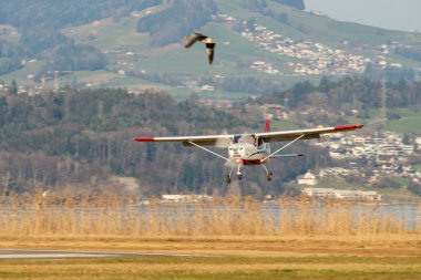 Wangen-Lachen, İsviçre, 8 Mart 2025 HB-KMH Tecnam P2008JC pervane uçağı 26 nolu piste iniyor.