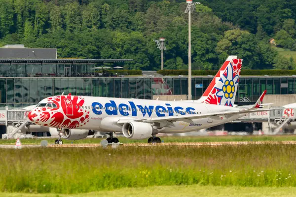 Zürih, İsviçre, 16 Mayıs 2025 HB-JLT Edelweiss Air Airbus A320-214 özel bir resimle 28 numaralı pistten kalkıyor.