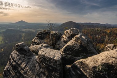 İsviçre 'deki Bohemian Ulusal Parkı' ndaki muhteşem ve derin ormanlara harika ve romantik bir manzara. Orta Avrupa 'da eşsiz ormanlar ve kayalar.