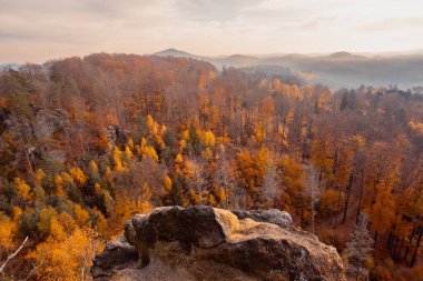 Kuzey Bohemya dağlarında romantik renkli günbatımı Sonbahar mevsiminin en güzel altın renkleriyle.