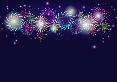 22070501 colorful fireworks vector on dark blue background,Brightly Colorful Fireworks on twilight background,Firework bursting sparkle background set.