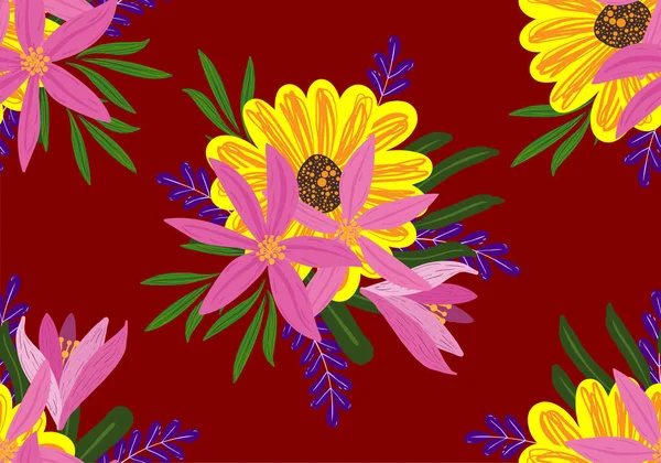 22092701 Florales Kritzeln Nahtlos Auf Rotem Hintergrund Nahtloses Muster Mit — Stockvektor