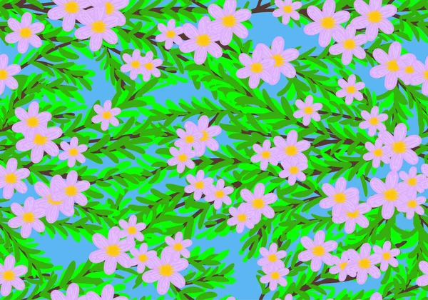 22093003 Blumen Und Blätter Kritzeln Nahtlos Auf Blauem Hintergrund Nahtloses — Stockvektor