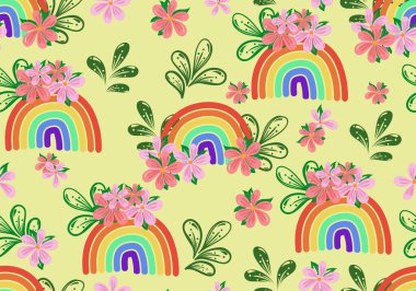 Renkli çiçek ve gökkuşağı karalamaları, dikişsiz desenler, çiçek desenli karalama motifleri, karalama dokuları ve çiçek unsurlarıyla çizilmiş el, moda baskısı için çiçek karalama vektör tasarımı, ambalaj, arka plan ve el sanatları,