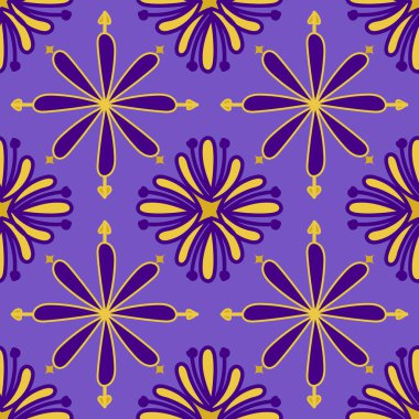 Mor arka planda elle çizilmiş desensiz süslemeler. Ev dekorasyonu ve kumaş baskı, tekstil dekorasyonu, iç mekan, giysi, ambalaj tasarımı veya herhangi bir istenen fikir için kusursuz desen..