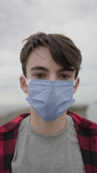 Closeup Portrait Cute Teenager Boy Taking Protective Face Mask Breathing — Stock Video