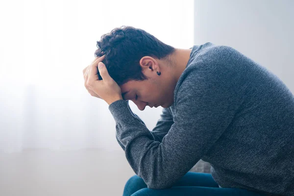 Sad Hispanic Teenager Boy Sitting Hands Head Depression Anxiety Stress — Stock Photo, Image