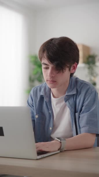 Teenager Boy Using Laptop Sending Voice Message Smart Watch — Stock Video