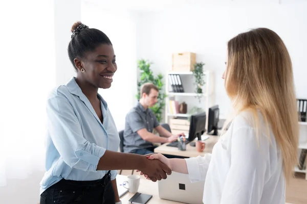 stock image Multiracial young businesswomen shaking hands in the office. Freelance coworkers greeting