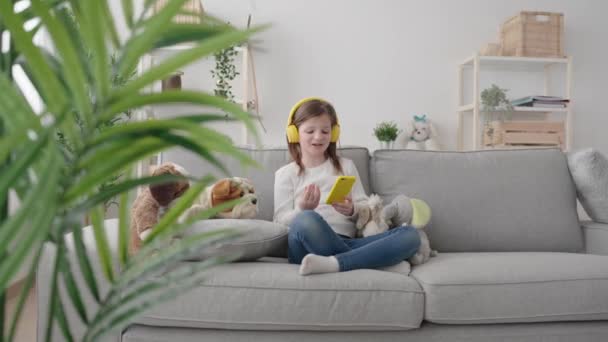 Малюк Має Відеодзвінок Телефону Сидячи Дивані Вдома — стокове відео