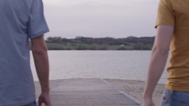 Vista Posteriore Giovani Amici Che Camminano Nella Natura Accanto Lago — Video Stock