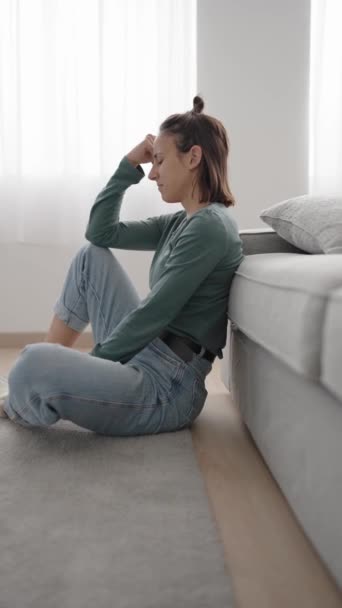 Sad Pensive Hispanic Young Woman Sitting Floor Living Room — Stock Video