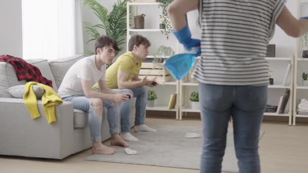 Teenager Boys Ignoring Mother Home Brothers Playing Video Game Woman — Stock Video