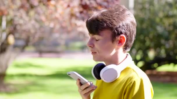 Tonårspojken Skickar Röstmeddelanden Telefon Utomhus Person Som Går Parken Medan — Stockvideo