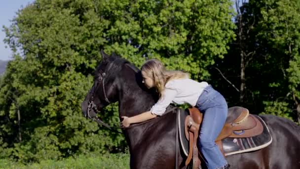Jonge Vrouw Die Een Zwart Paard Natuur Omarmt Dierlijk Liefdesconcept — Stockvideo