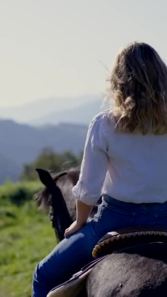 Visão Traseira Mulher Montando Cavalo Livre — Vídeo de Stock