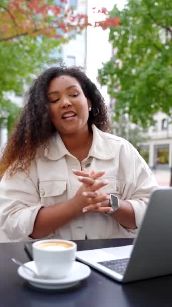 Black Woman Having Video Call Sitting Bar Terrace African American — Stock Video