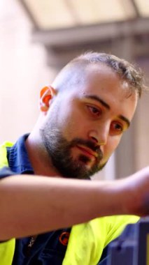 Makinede çalışan tamirciye yakın çekim. Fırça kullanan bir adam.