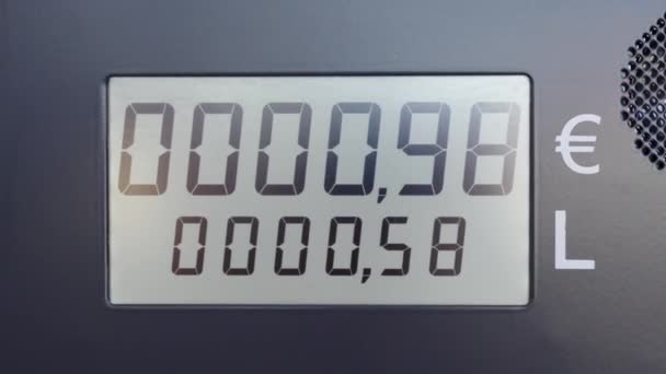 Closeup Petrol Pump Display Counting Euros Gas Litres Inflation Transport — Stock Video