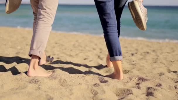 해변을 맨발로 커플의 후방보기의 비디오 — 비디오