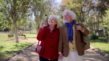 Parkta el ele tutuşup güneşli bir günde konuşan mutlu bir çiftin videosu.