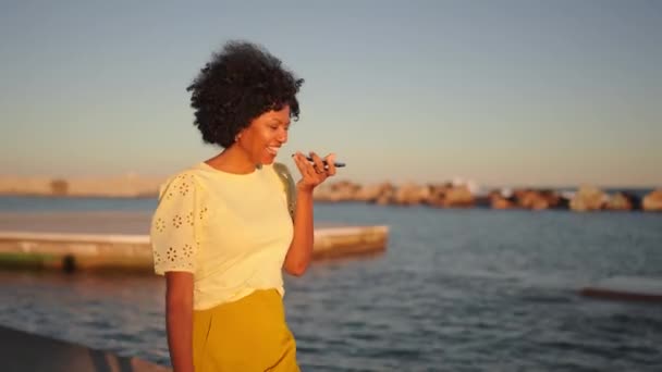 Gün Batımında Deniz Kenarındaki Cep Telefonuyla Sesli Mesaj Kaydederken Gülümseyen — Stok video