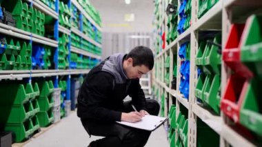 Perakende mağazasında çalışan genç bir adam. Çalışan koridorda sayım yapıyor.