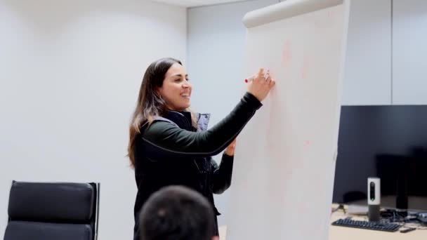 Genç Mühendis Kadın Toplantı Sırasında Tahtaya Yazı Yazıyor Takım Lideri — Stok video