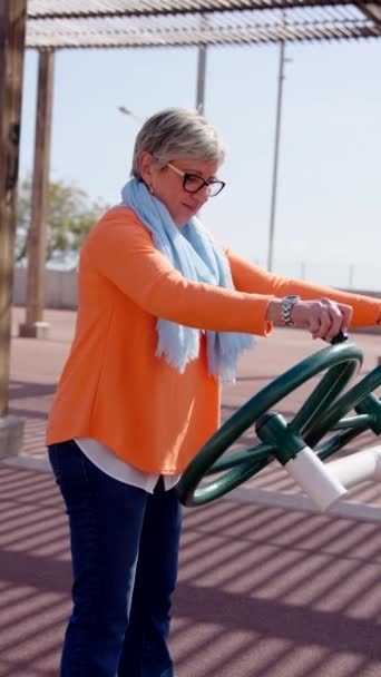 Ανώτερη Γυναίκα Που Κάνει Ασκήσεις Κινητικότητας Ενεργός Τρόπος Ζωής Ώριμη — Αρχείο Βίντεο