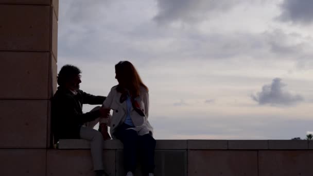 Silhouette Romantica Coppia Anziani Abbracciare Legare Insieme Copia Spazio Cielo — Video Stock