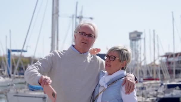 Mature Tourist Couple Taking Selfie Outdoors Quay Elderly Man Woman — Stock Video