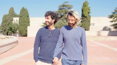 Romantik homoseksüel çift gezinti güvertesinde birlikte yürüyor. Anıt seyreden turistler